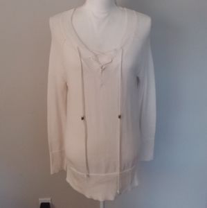 Caroline Grace Cashmere Hi-Lo Off White Knit Sweater,Ties,Gold Beads